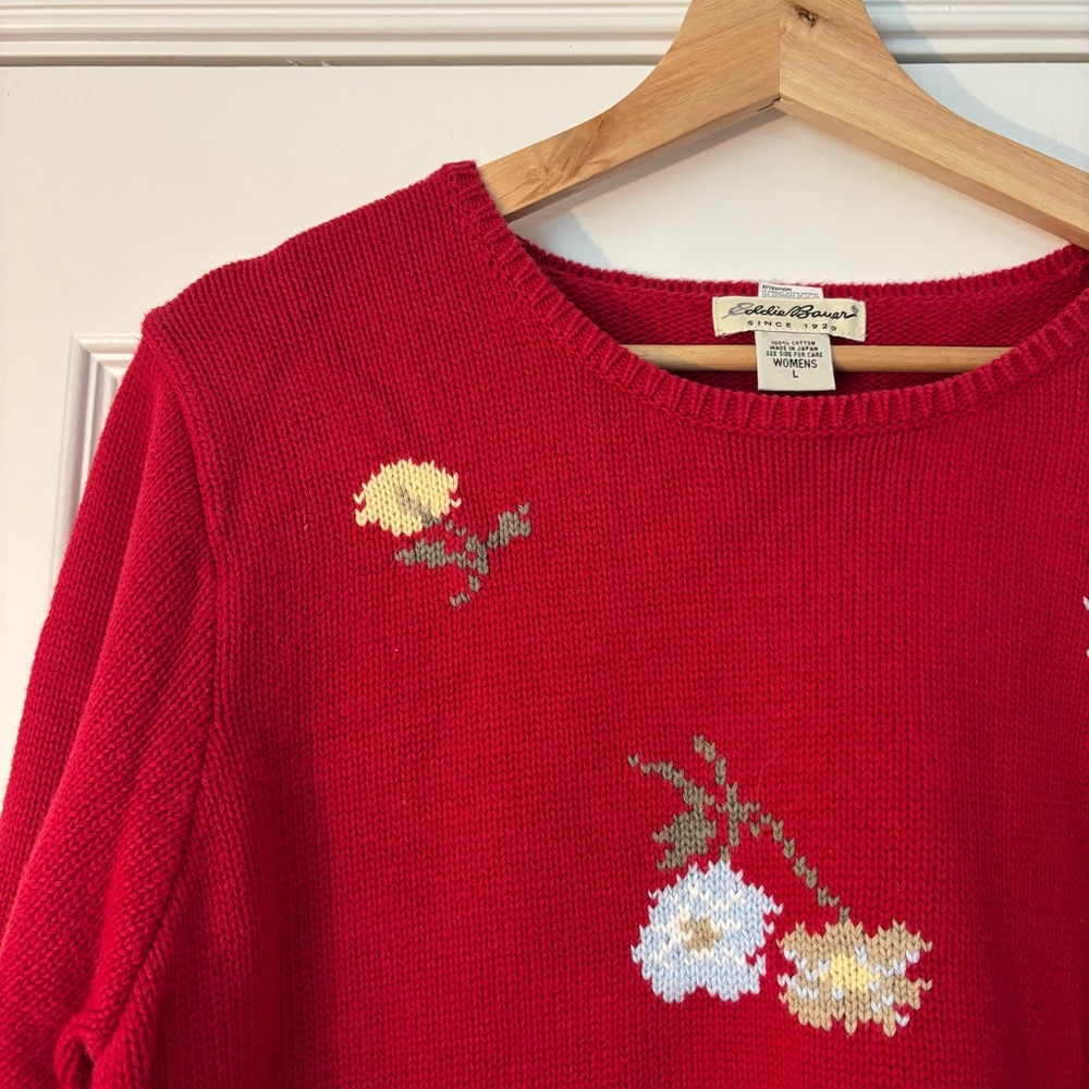 Vintage Eddie Bauer Red Floral Cotton Embroidered Sweater Preppy Granny Cottage - Picture 2 of 7